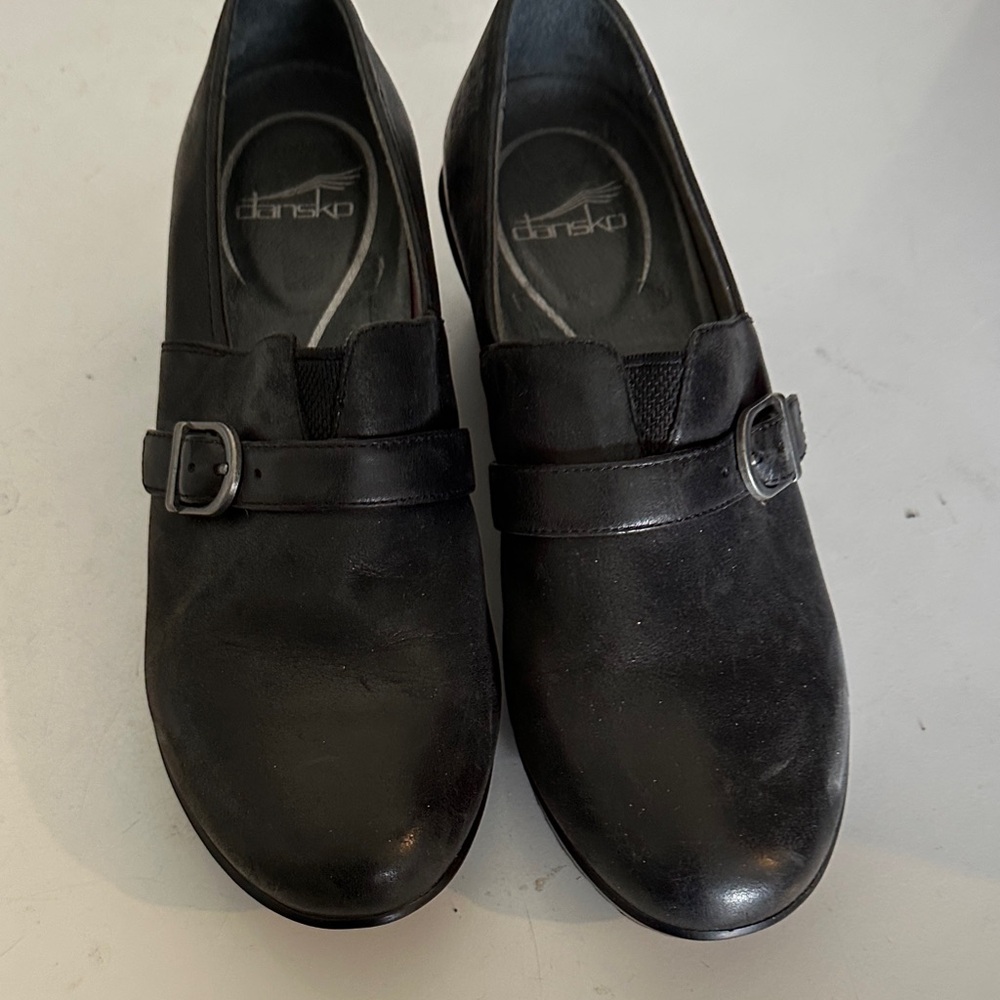 Dansko Black Leather Buckle Loafers